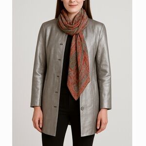 Vintage 90s Metrostyle Metallic Silver Genuine Leather Long Jacket Size 16